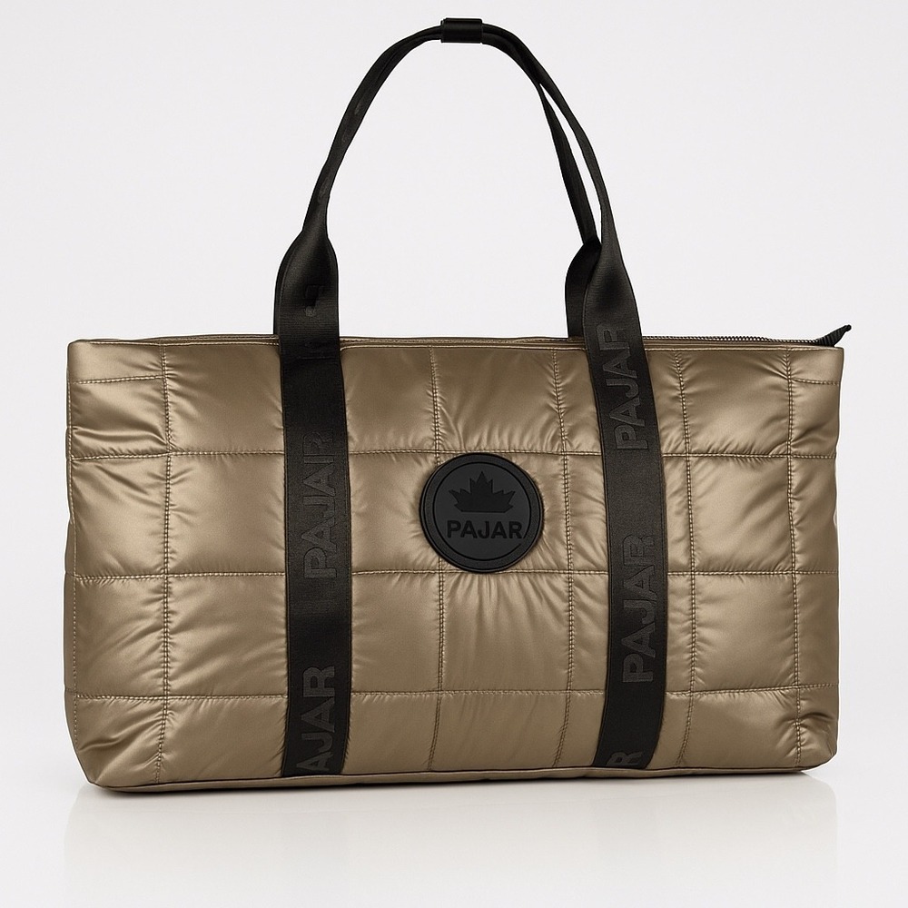Pajar Tuios Quilted Tote Bag‎ Gold Metallic Nylon Shoulder Bag
